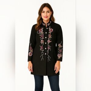 Units Silk Duster Jacket Mandarin Collar Embroidered Mother Pearl Buttons Boho